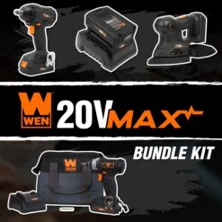 WEN 20V Cordless Impact Driver, Sander, And Impact Wrench Bundle With Two Batteries, Two Chargers, And Tool Bag(Wen 20v Cordless Impact Driver Sander And Impact Wrench Bundle With Two Batteries Two Chargers And Carrying Bag)
