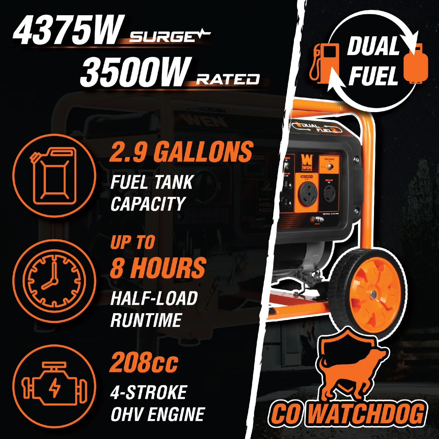 WEN DF430X 4375-Watt Dual Fuel Portable Generator With Wheel Kit And CO Shutdown Sensor(Wen Df430x 4375 Watt Dual Fuel Portable Generator With Wheel Kit And Co Shutdown Sensor) 2 WEN DF430X 4375-Watt Dual Fuel Portable Generator With Wheel Kit And CO Shutdown Sensor(Wen Df430x 4375 Watt Dual Fuel Portable Generator With Wheel Kit And Co Shutdown Sensor) - Image 2